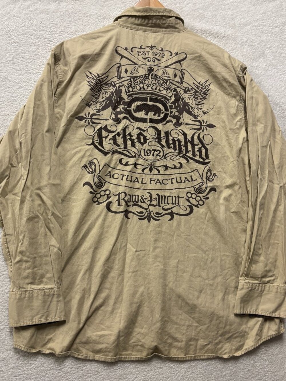 Ecko Unltd Shirt Mens XXL Khaki Button Down Big Logo Graphic Back Y2K Streetwear